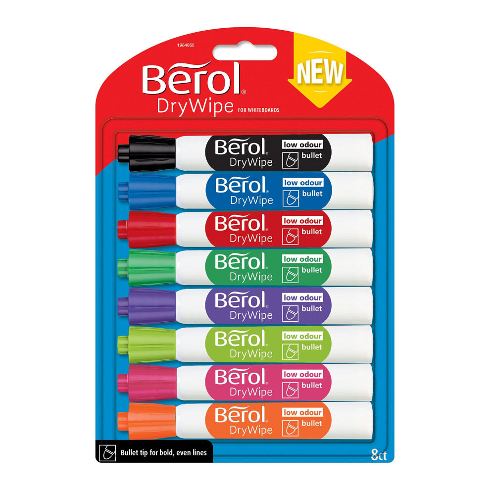 Berol Dry Wipe Bullet Tip Whiteboard Marker - Assorted Colours (Pack of 8)