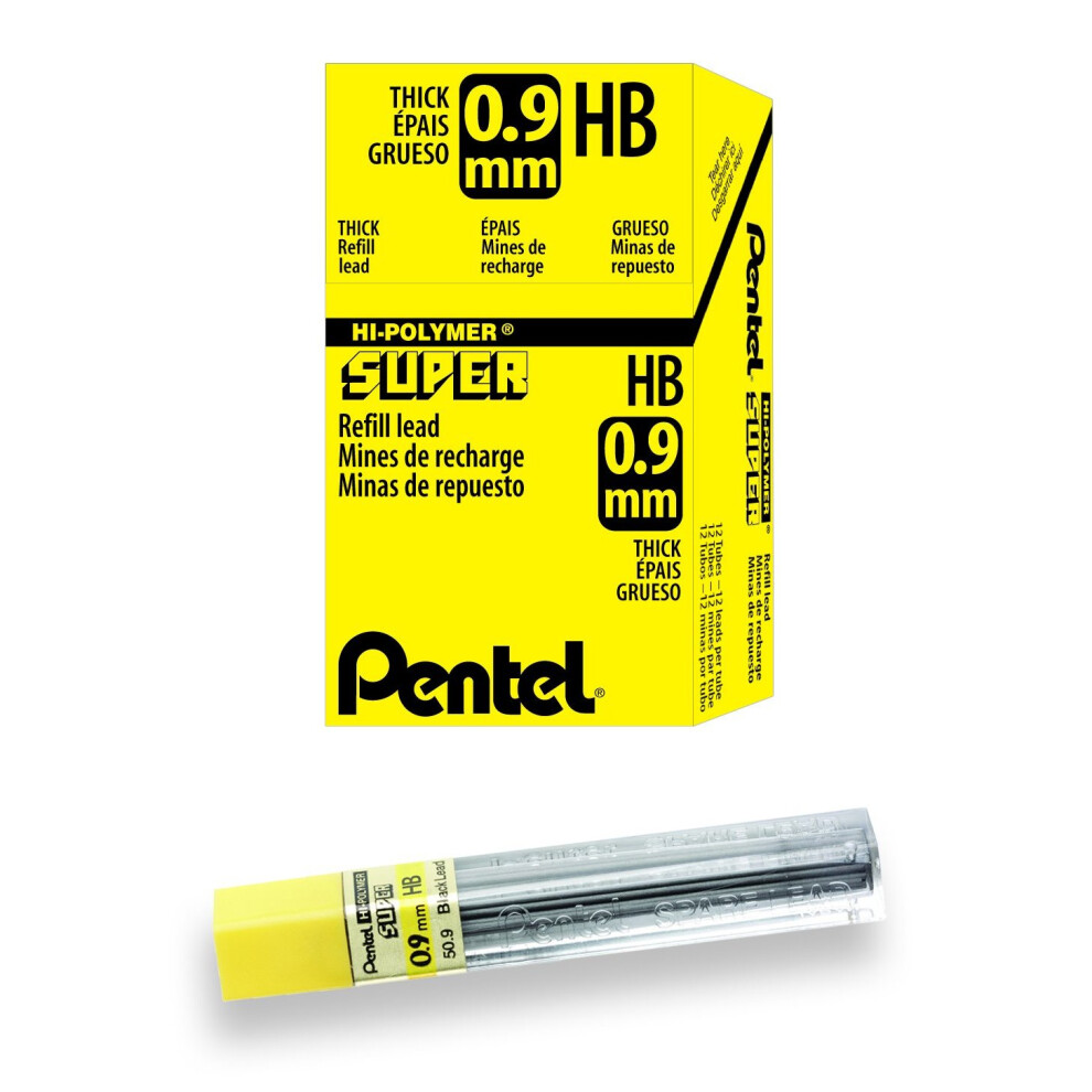 Pentel Super Hi-Polymer Refill Leads 0.9 mm, Grade HB (Pack of 12 Tubes)
