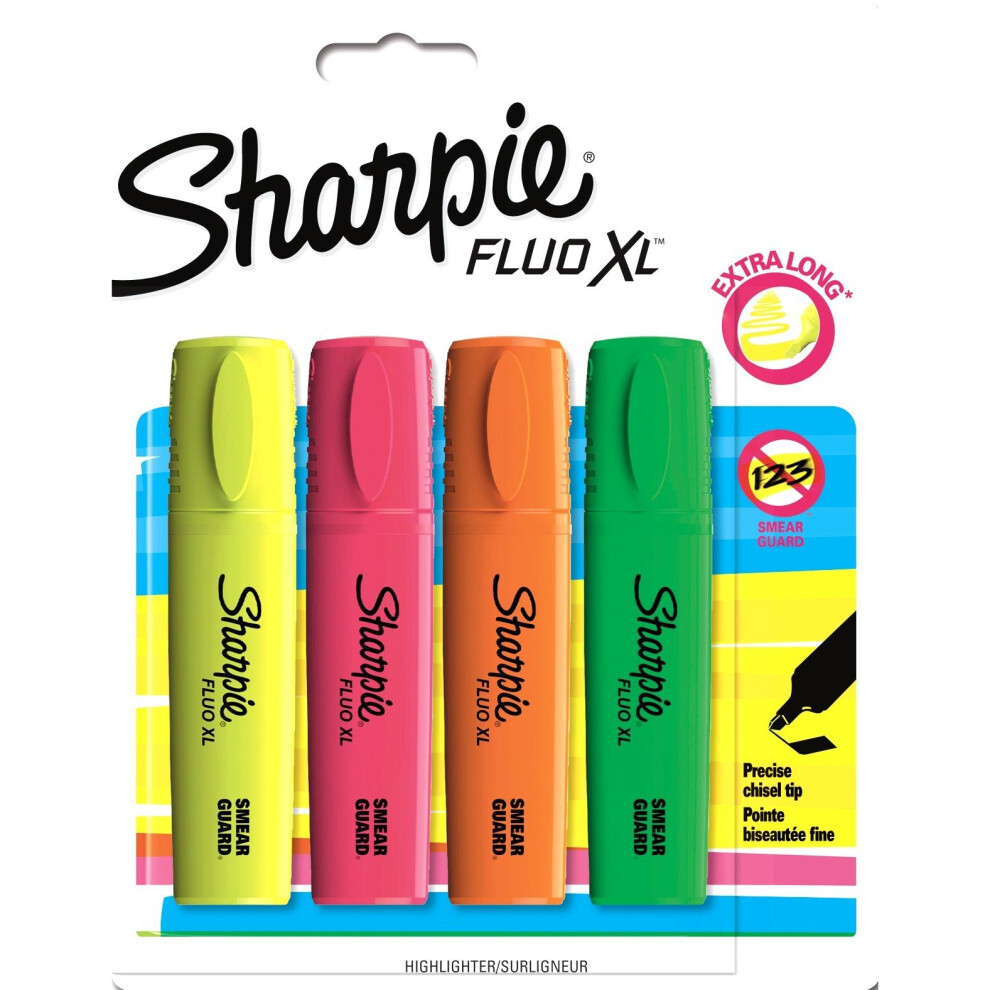 Sharpie Fluo XL Highlighter, Chisel Tip - Assorted Colours, Pack of 4