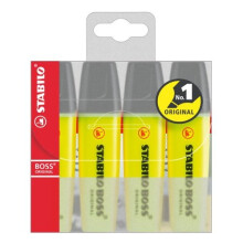 STABILO BOSS Original Highlighter – Yellow (Wallet of 4) 70/4-24 | Anti-Dry Out 4h, Refillable, Wedge Tip