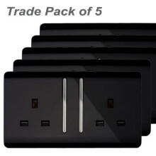 Trendi 2 Gang Artistic Modern Glossy 13 Amp Switched Tactile Plug Socket Black Trade Pack (x5)
