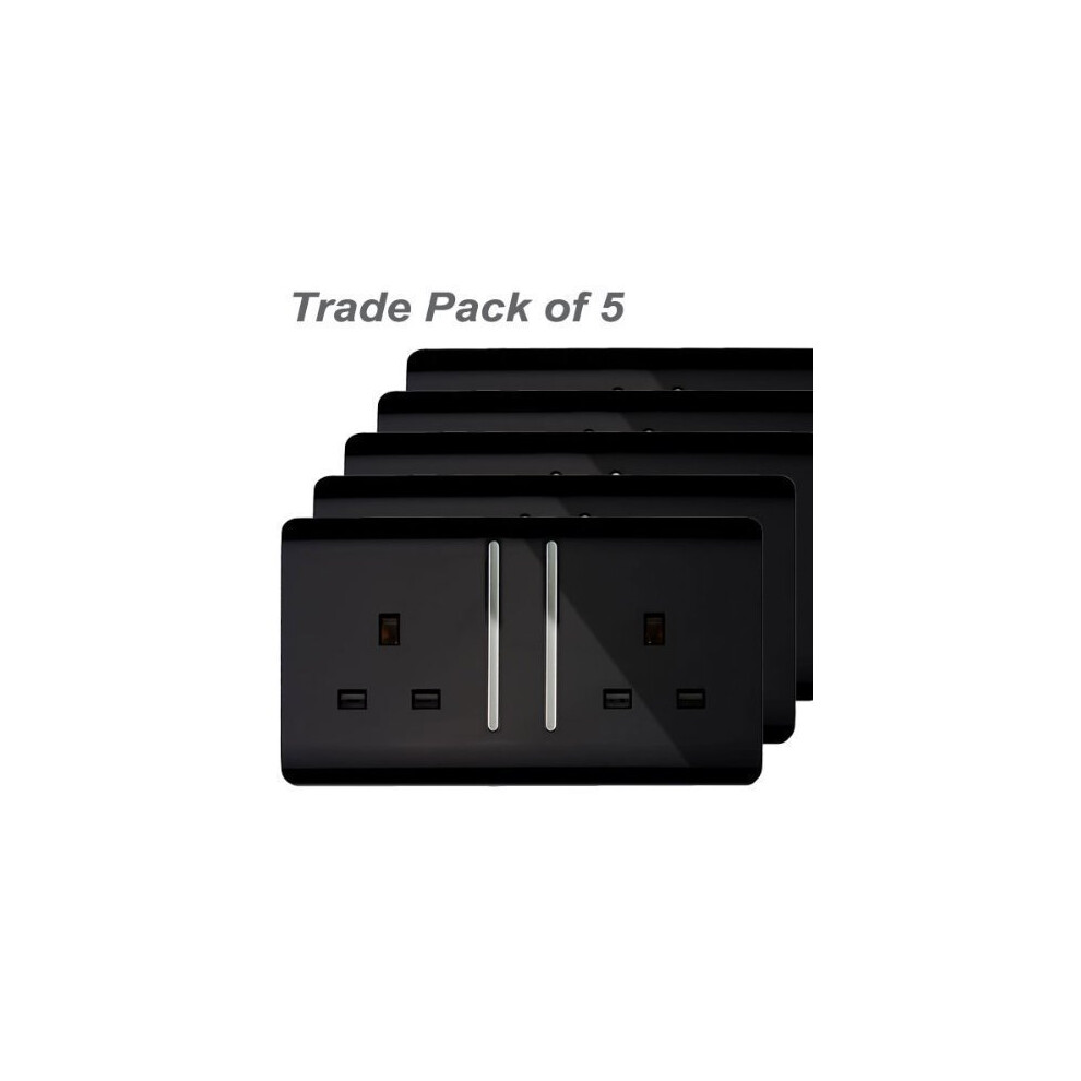 Trendi 2 Gang Artistic Modern Glossy 13 Amp Switched Tactile Plug Socket Black Trade Pack (x5)