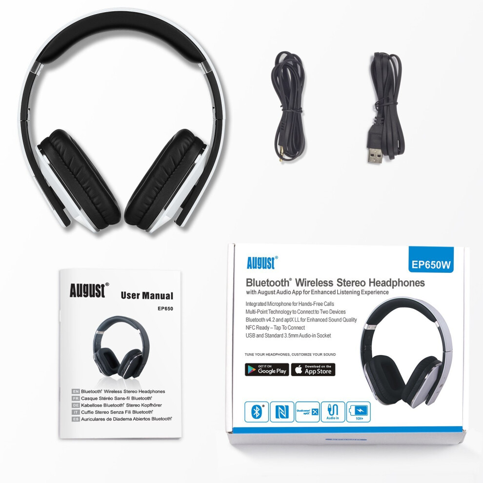 august-ep650-wireless-bluetooth-headphones---white---android-ios-app--bluetooth-v4-2--nfc---aptx-ll