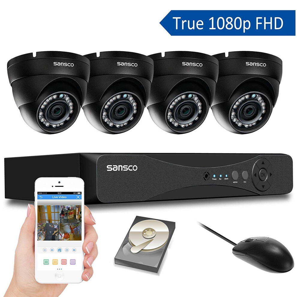 [TRUE 1080p] SANSCO 4 Channel FHD CCTV Camera System with 4 2 Mega-pixel Indoor Outdoor Dome Cameras and 1TB Internal Hard Drive (2MP Live...