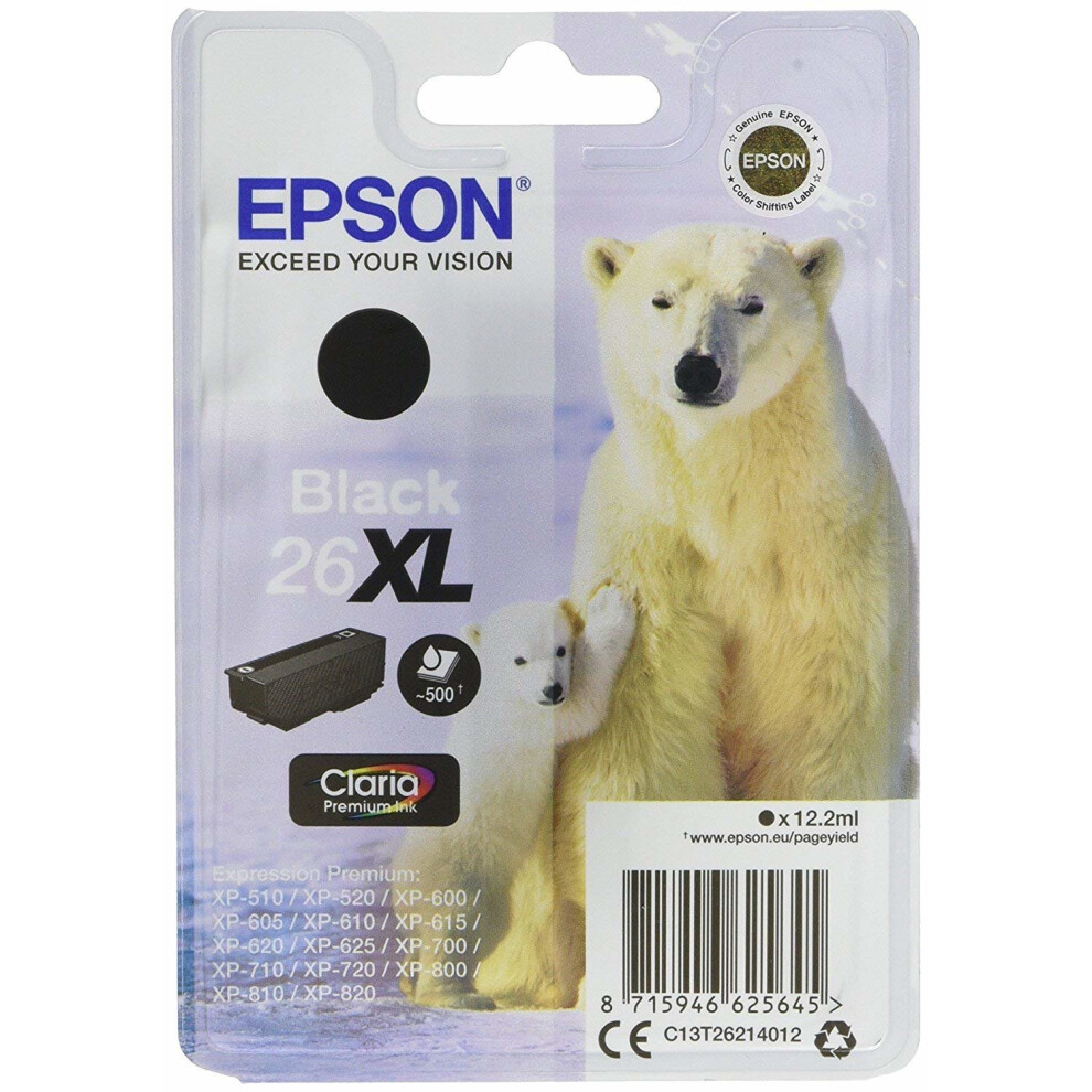 Epson Polar Bear 26 Ink Cartridge, XL High Capacity, Black, Genuine