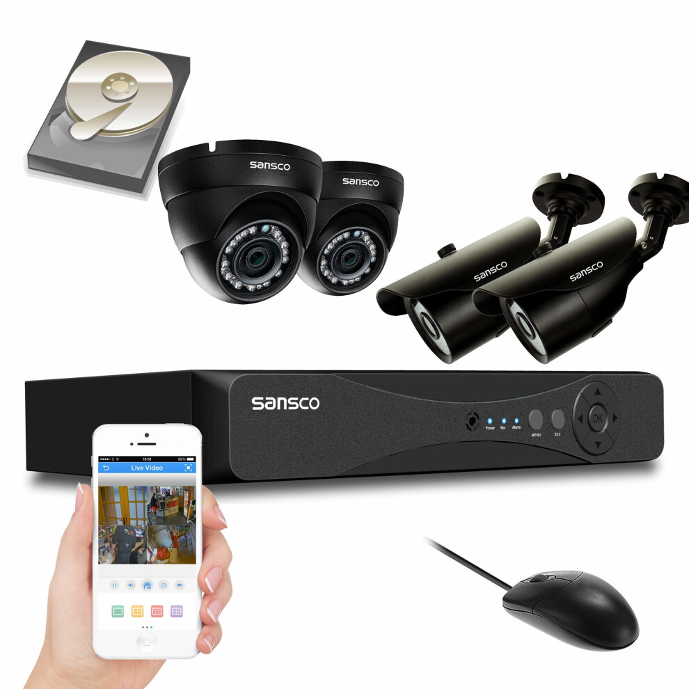 [True 1080P HD] CCTV System, SANSCO 4CH DVR Recorder with 4x 2.0MP Camera and 1TB Pre-installed Hard Drive (P2P, 1920x 1080 Dome and Bullet Cam,...
