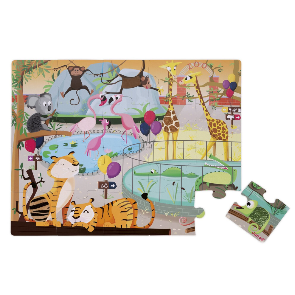 Janod J02774 Tactile Puzzle, Day at the Zoo, 20 Pieces