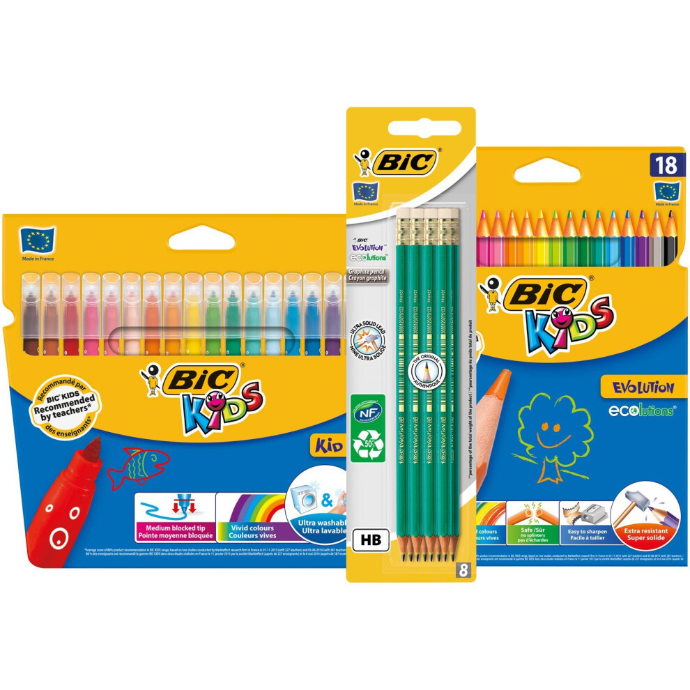 BIC Evolution Original with Eraser Graphite Pencils, BIC Kids Kid Couleur Felt Pens, BIC Kids Evolution ECOlutions Colouring Pencils - Lot of 1