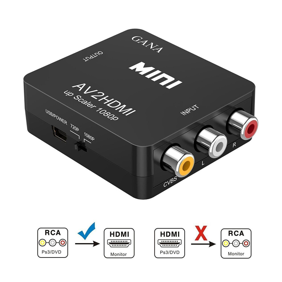 RCA to HDMI, GANA 1080P Mini RCA Composite CVBS AV to HDMI Video Audio Converter Adapter Supporting PAL/NTSC with USB Charge Cable for PC Laptop...
