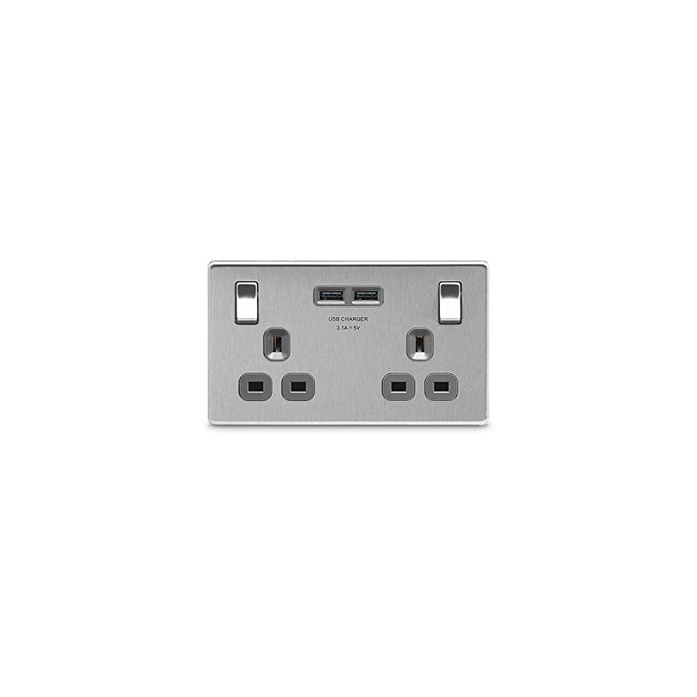 BG Electrical Nexus FBS22U3G Flat Plate Brushed Steel Double Switch Socket with 3.1 A USB