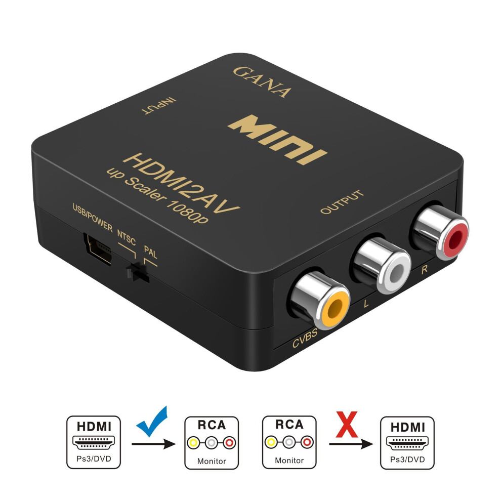 Hdmi To Rca, Gana 1080P Hdmi To Av 3Rca Cvbs Composite Video Audio Converter Adapter Supporting Pal/Ntsc With Usb Charge Cable (Black) Black 601285151441