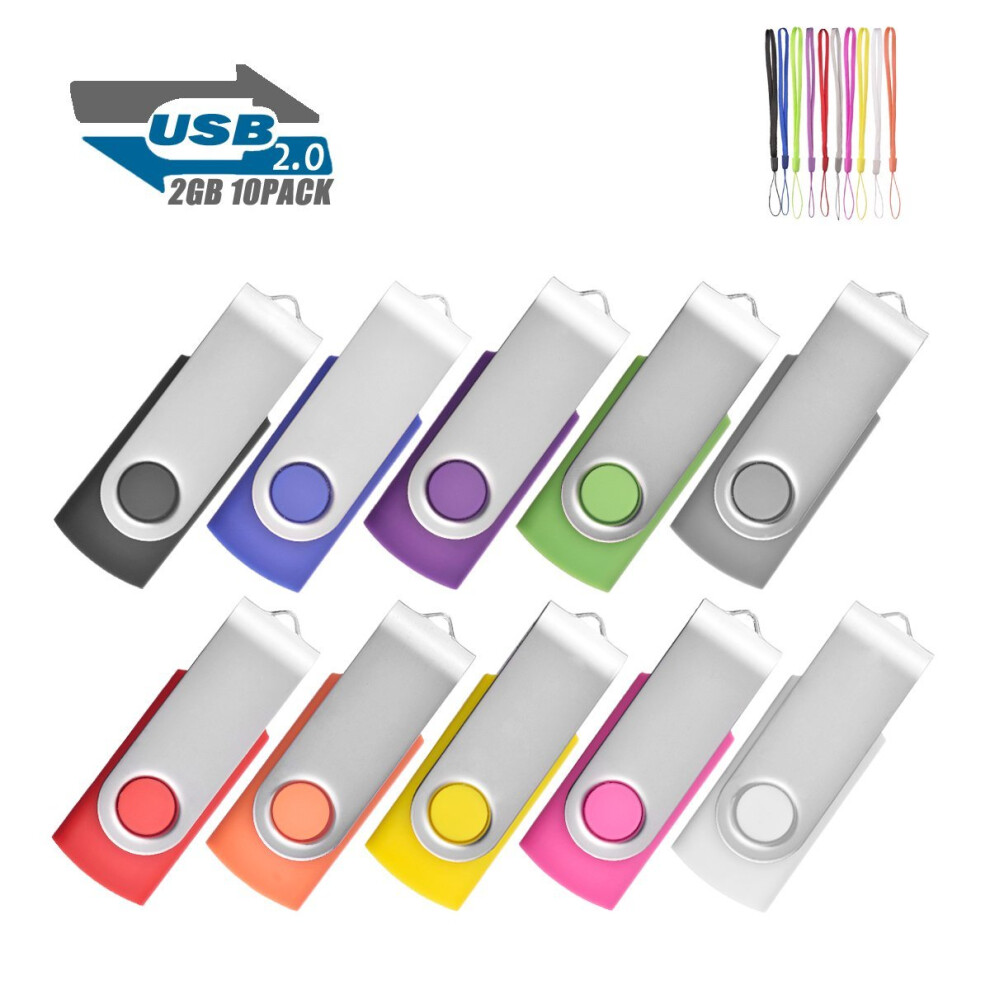 Memory Stick 10Pack 2Gb Usb 2.0 Sticks Pen Drive Flash Drives Swivel Design (10 Mixed Color With Lanyard) 611165165062