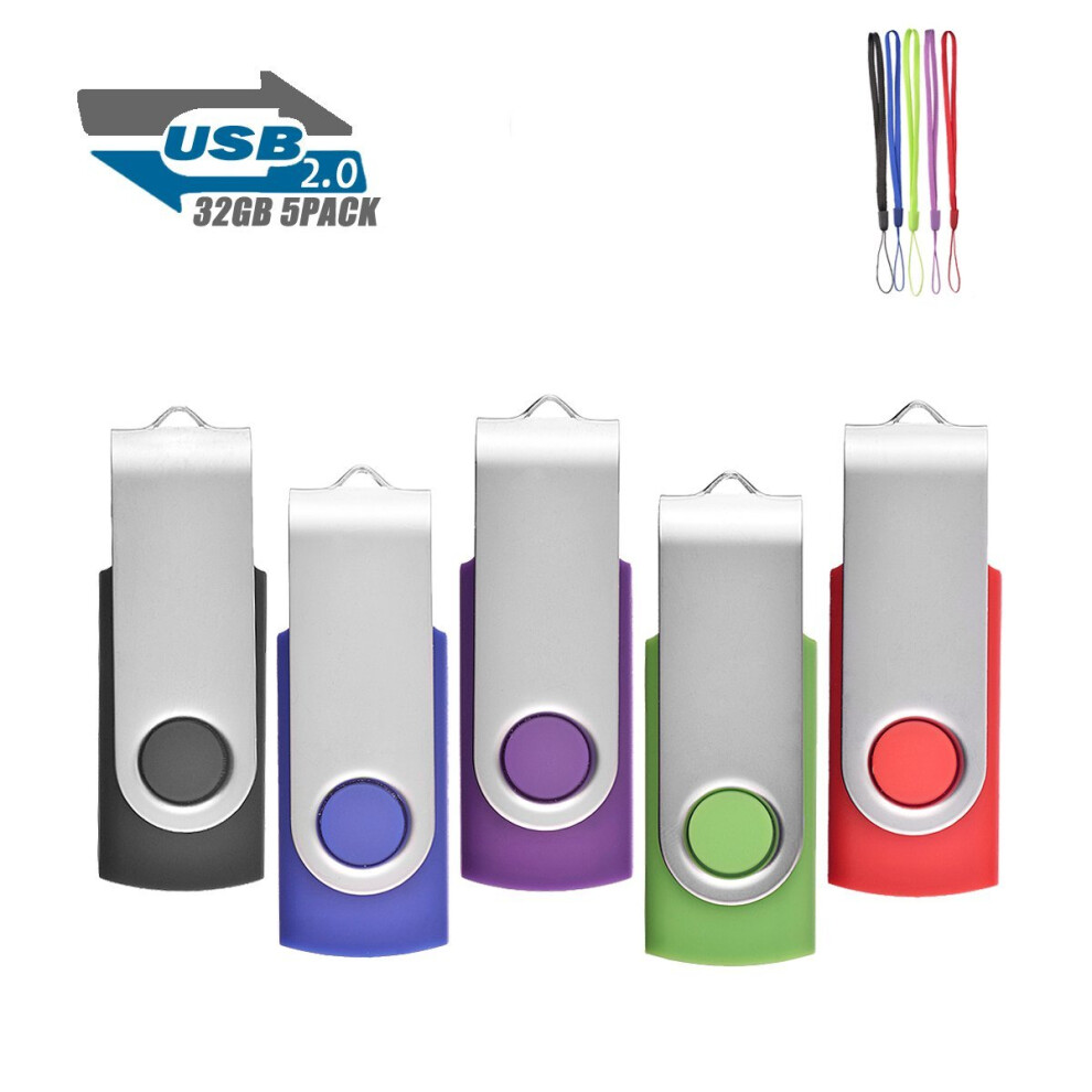 5Pack 32GB USB 2.0 Thumb Flash Drives Swivel Design Pen Memory Stick Fold Storage (Mixed Color With Lanyard)