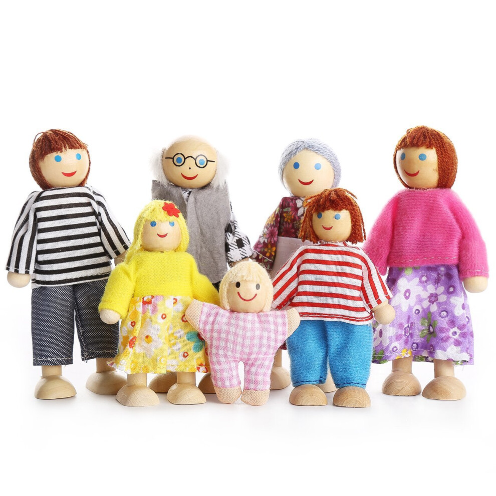 Kids Girls Lovely Happy Family Dolls Playset Wooden Figures Set of 7 People for Children House Pretend Gift