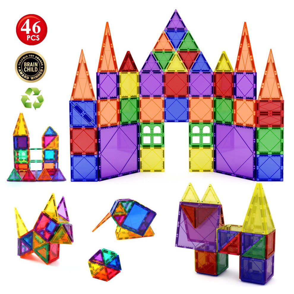 Children Hub 46pcs Magnetic Tiles Set - Building Construction Kit Toys For Your Kids (Stronger Magnets)