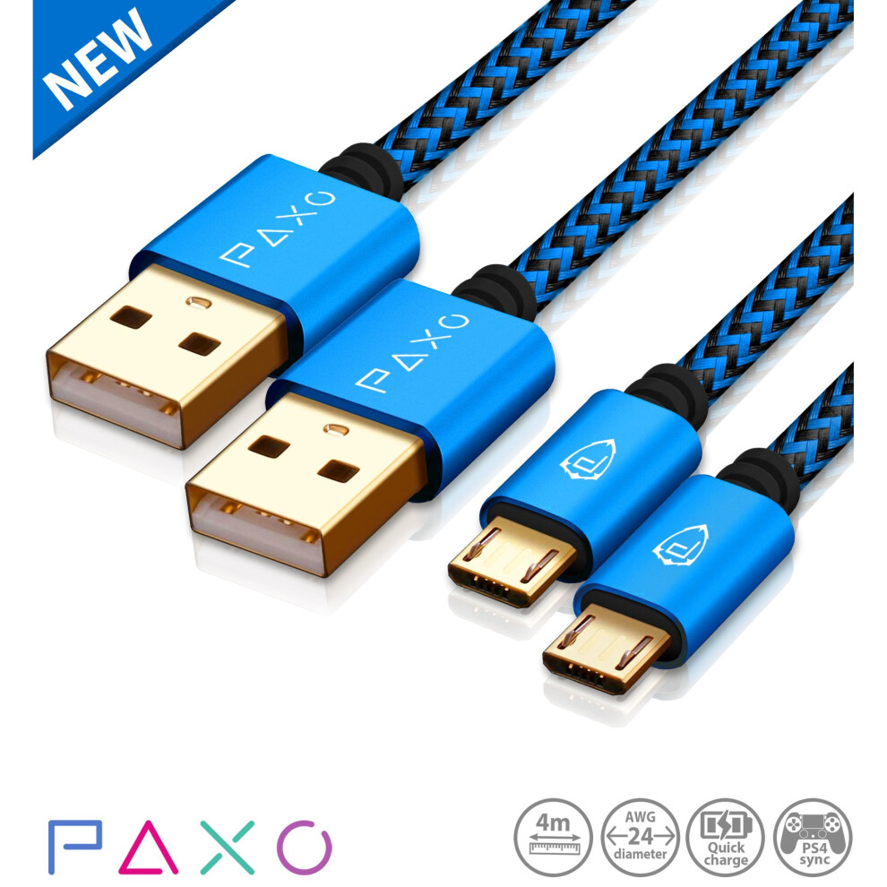 2 x 4m Micro USB PS4 controller data & charging cables/High quality black blue nylon braided Micro USB cables with metal plugs