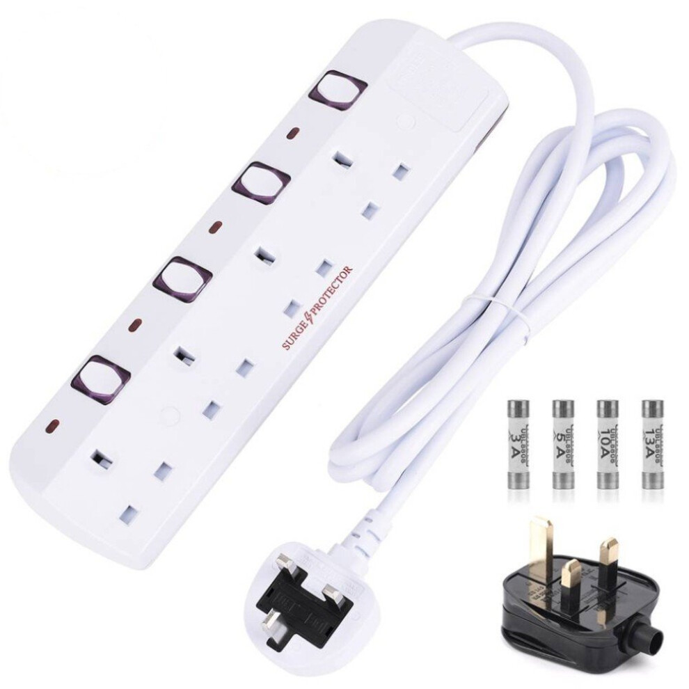Tisdlip 2M Extension Lead Switches Surge Protected Wall-Hung 4 Way Plug Socket 667176167205