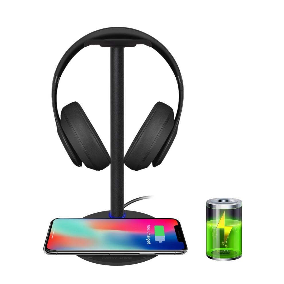 Headphone stand with Wireless Charging, New Bee Sturdy 2-in-1 Headset Stand QI Charging Pad Wireless Charger for iPhone Android with LED Indicator...