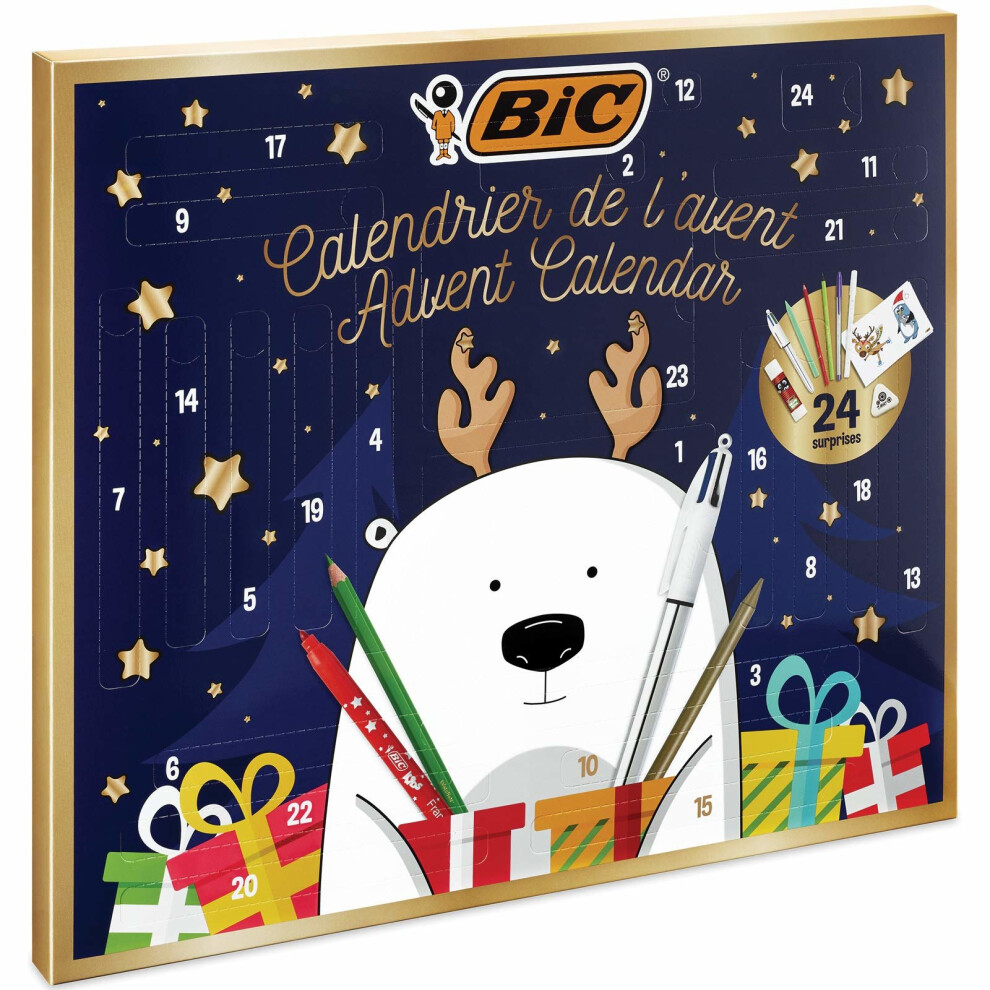 BIC Advent Calendar - 24 Writing Products, 6 Magic Felt Pens/6 Coloured Pencils/4 Colouring Crayons/1 Glue Tube/1 Graphite Pencil/1 Eraser/3 Ball...