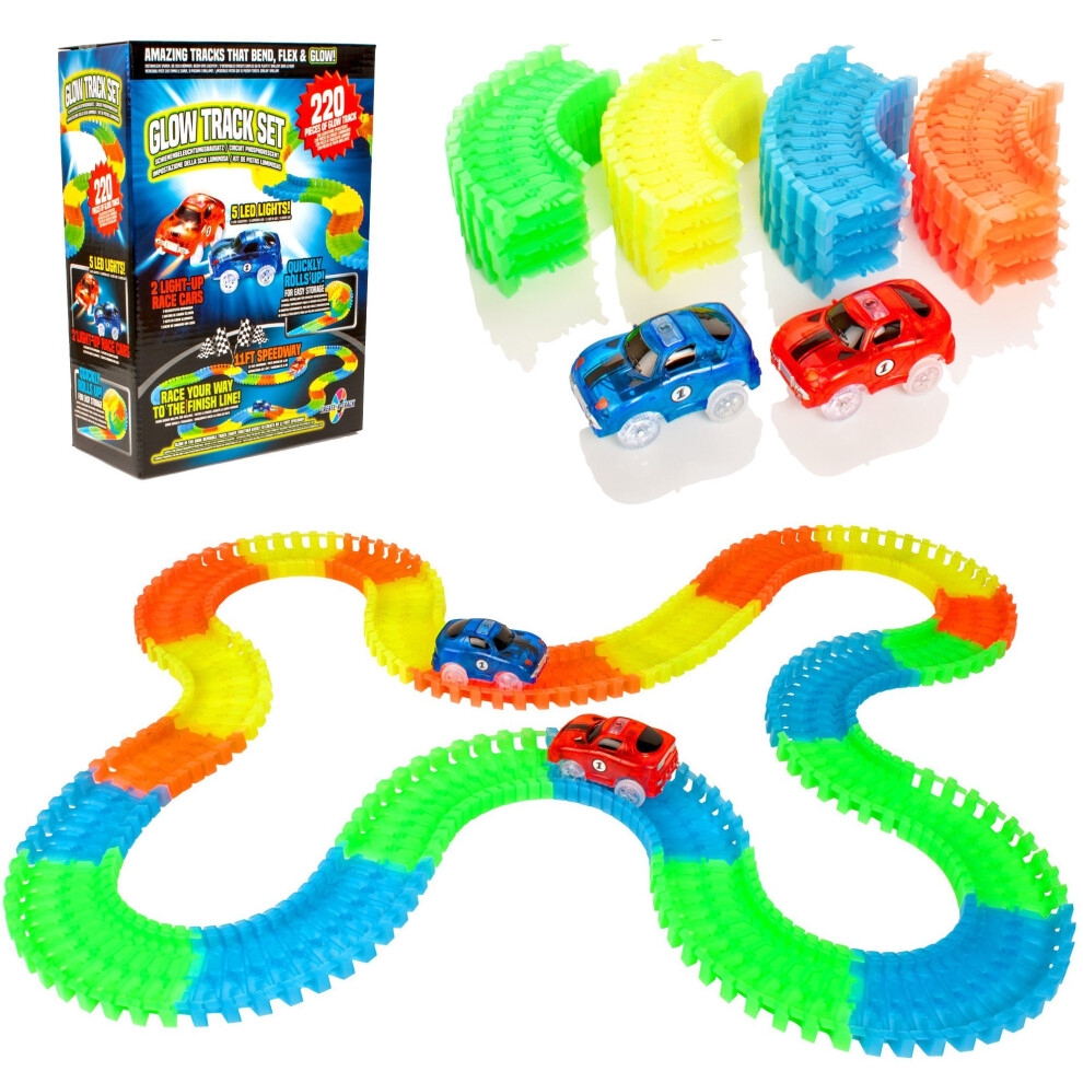 Create-A-Track 220 Piece Flexible Race Track & 2 Light Up Cars Playset - Racing Cars Construction Toy For Boys or Girls