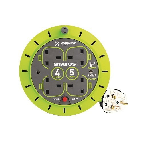 Status EXTENSION CASSETTE REEL 5M , 4 X  13A SOCKET OUTLETS, WITH RESET BUTTON (13A RATED)