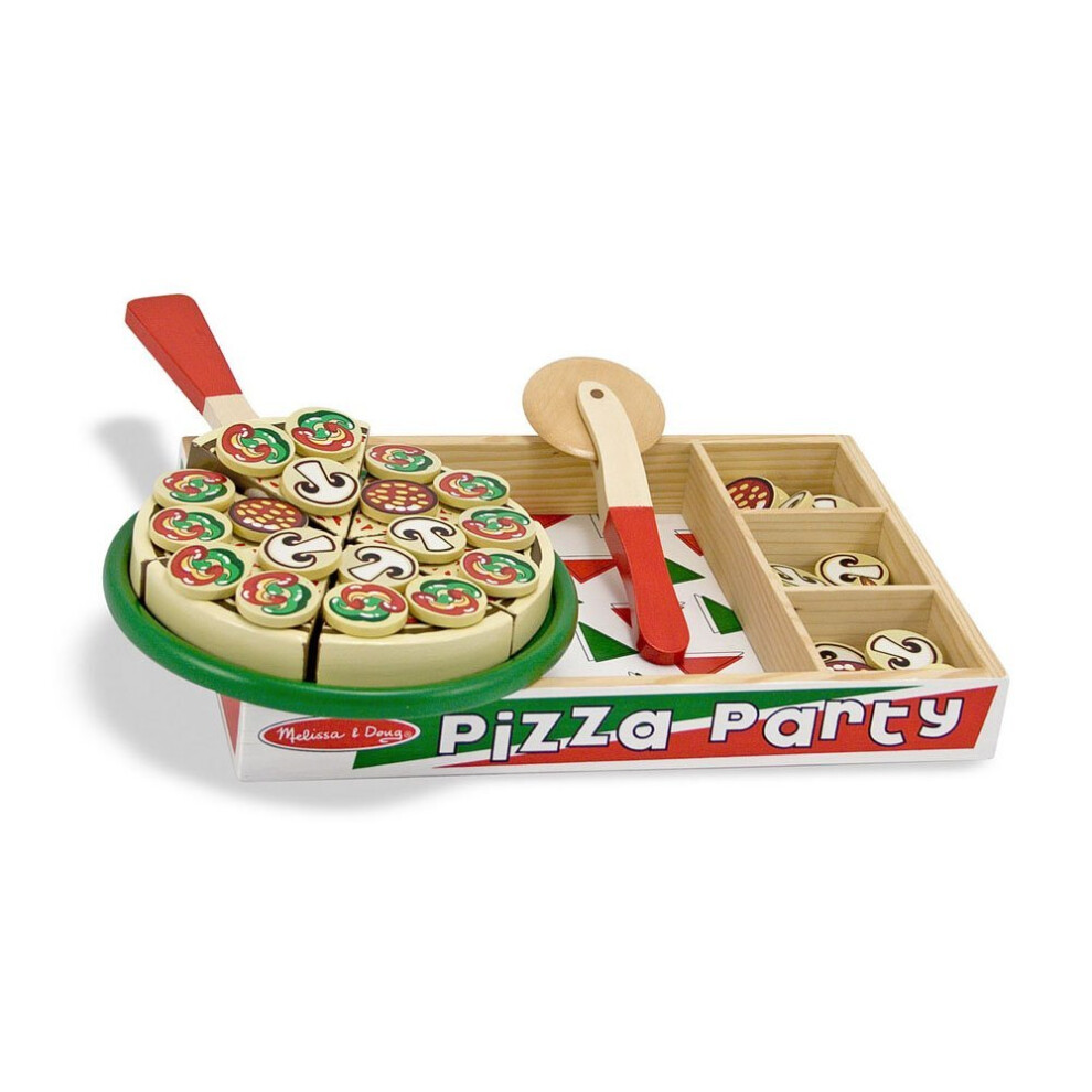 Melissa & Doug Pizza Party Wooden Play Food Set with 54 Toppings - 6 Sliceable Pizza Slices, Cutter, Spatula, Storage Box (C-167)
