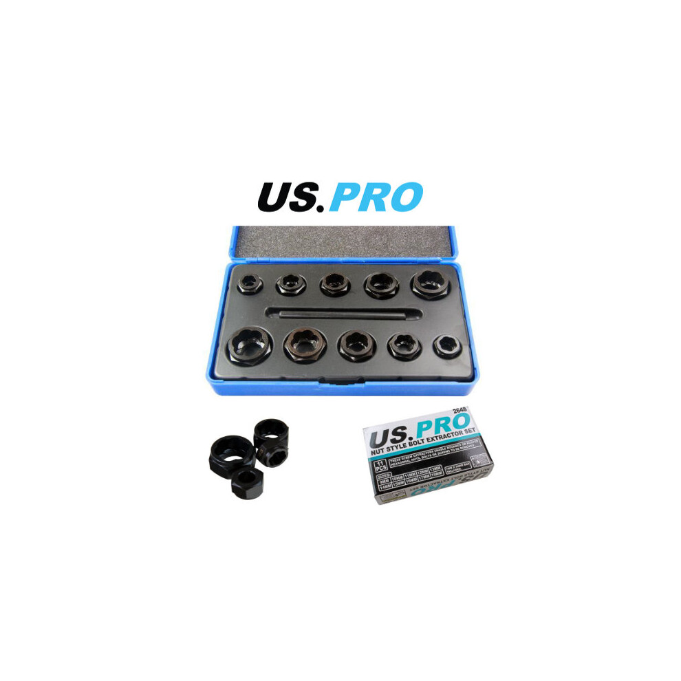 US PRO 11pc Bolt Stud Extractor Set Damaged Heads, Nut Style Sockets