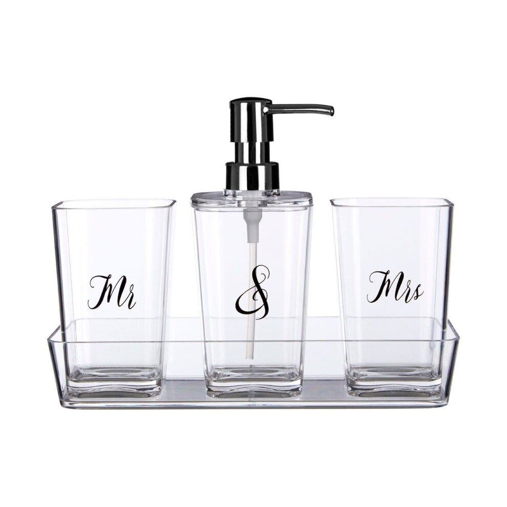 Mr & Mrs Bath Set Clear Acrylic Tumblers & Lotion Dispenser