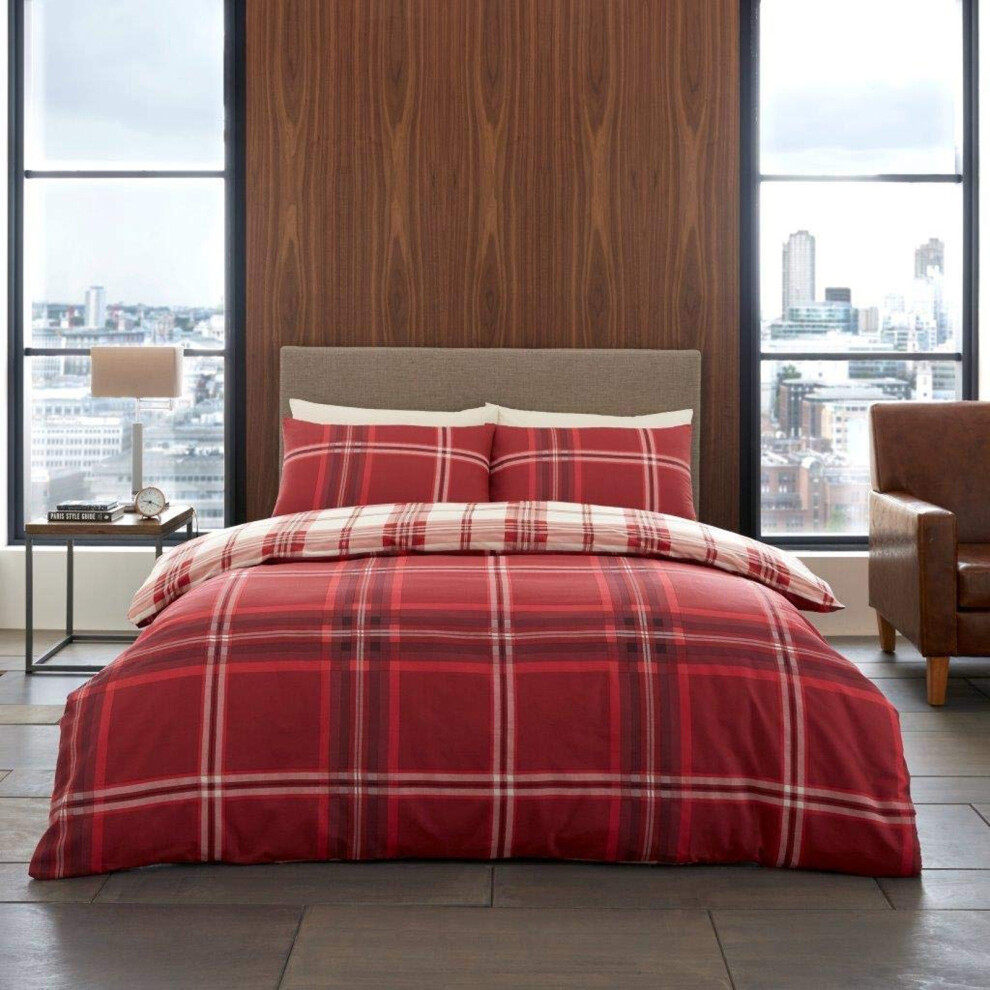(Single, Red) Bardsley Check Checked Design Duvet Cover Set