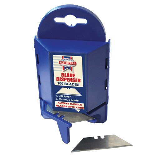 Faithfull FAITKB100 Heavy-Duty Trimming Knife Blades (Box 100) in safe storage dispenser