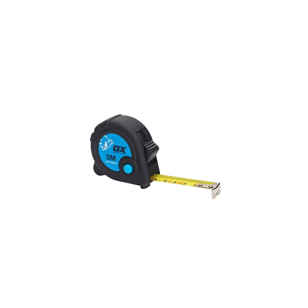 OX Trade 3m Tape Measure - Metric Only, Nylon Coated Blade | Wide Blade, Duragrip Moulded Rubber Case, Shock Absorbing Retractable with Thumb Lock, End Hook Belt Clip - Image 5