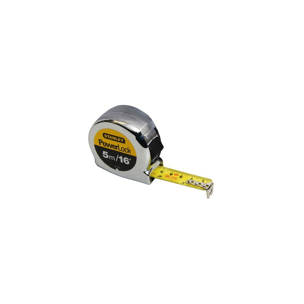 Stanley PowerLock Tape Measure 5 Metre (STA033553) - Tru-Zero End Hook, Mylar-Coated Blade, 3-Rivet End Hook, Compact Case
