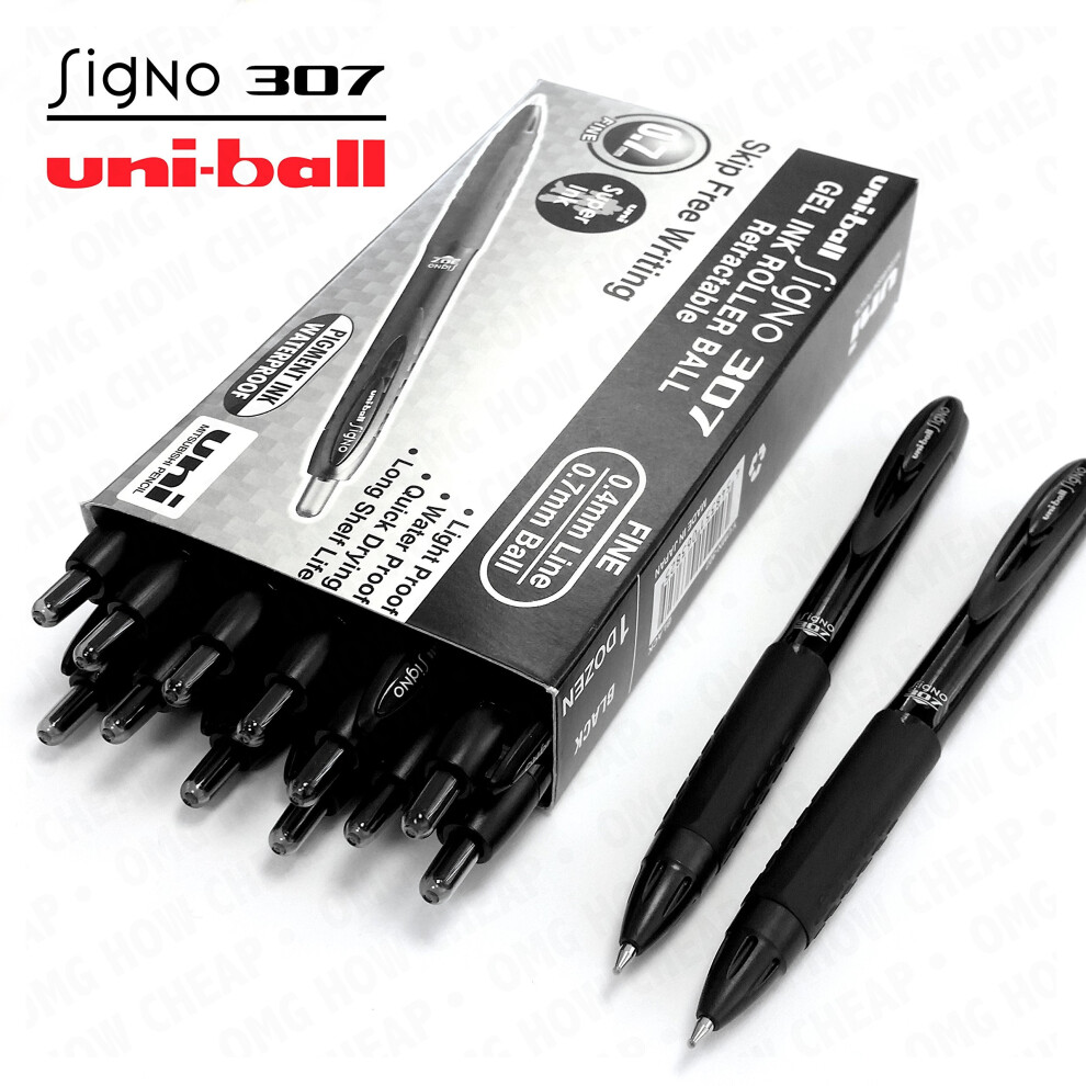 Uni-Ball Signo 307 Fine Retractable Rollerball Pen - Black, 0.4mm, 12+2 Free Pack - UMN-307