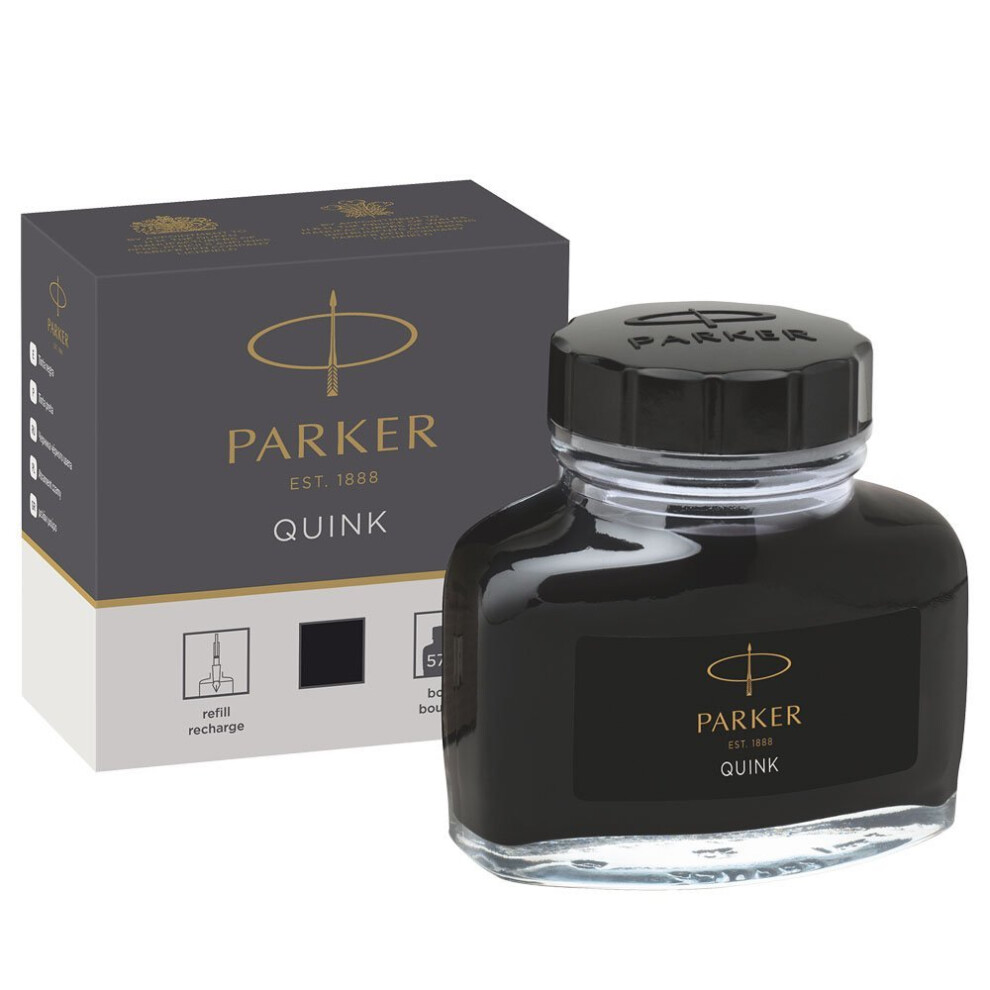 Parker Fountain Pen Liquid Bottled Quink Ink, 57 ml, in a Box - Black