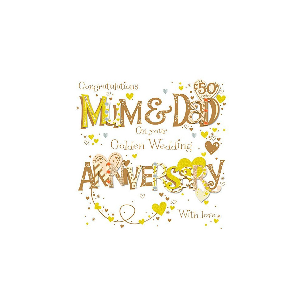 Karte Zum 50. Hochzeitstag Für Mama & Papa – Mit Goldkordel Und Edelstein-Design, 16,5x25,4 Cm