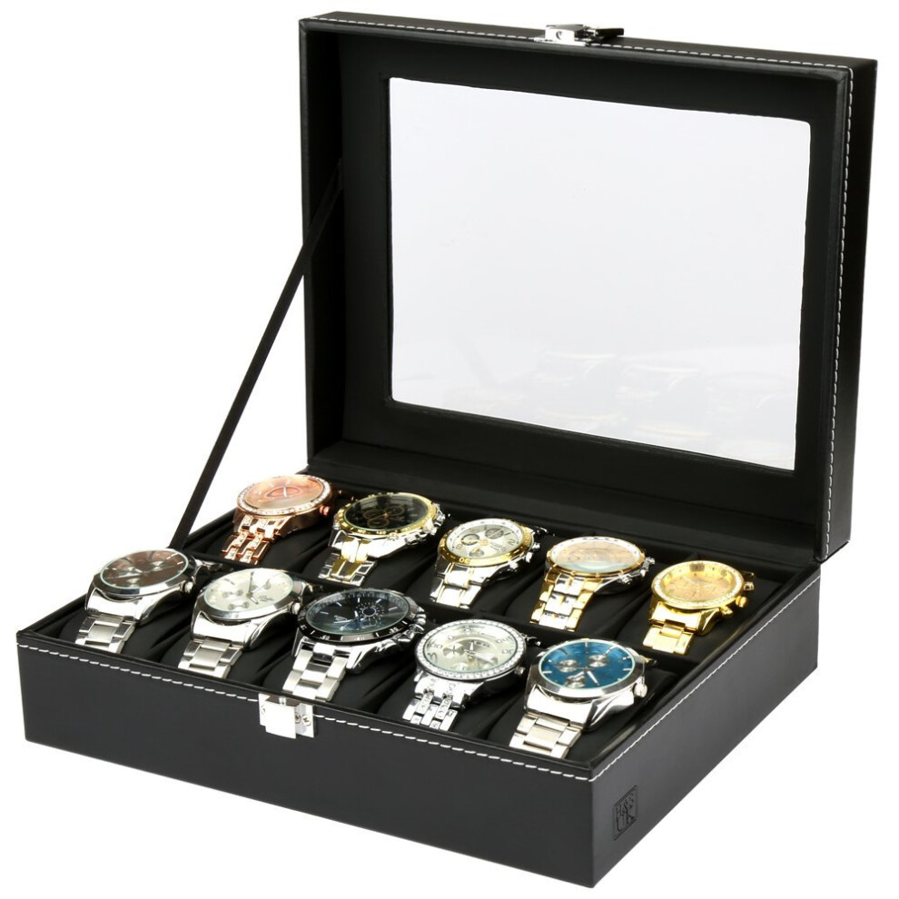 HJ8U Glass Lid 10-Watch Display Box - Black Faux Leather, Velvet Lined Jewellery Case with Stainless Steel Hardware