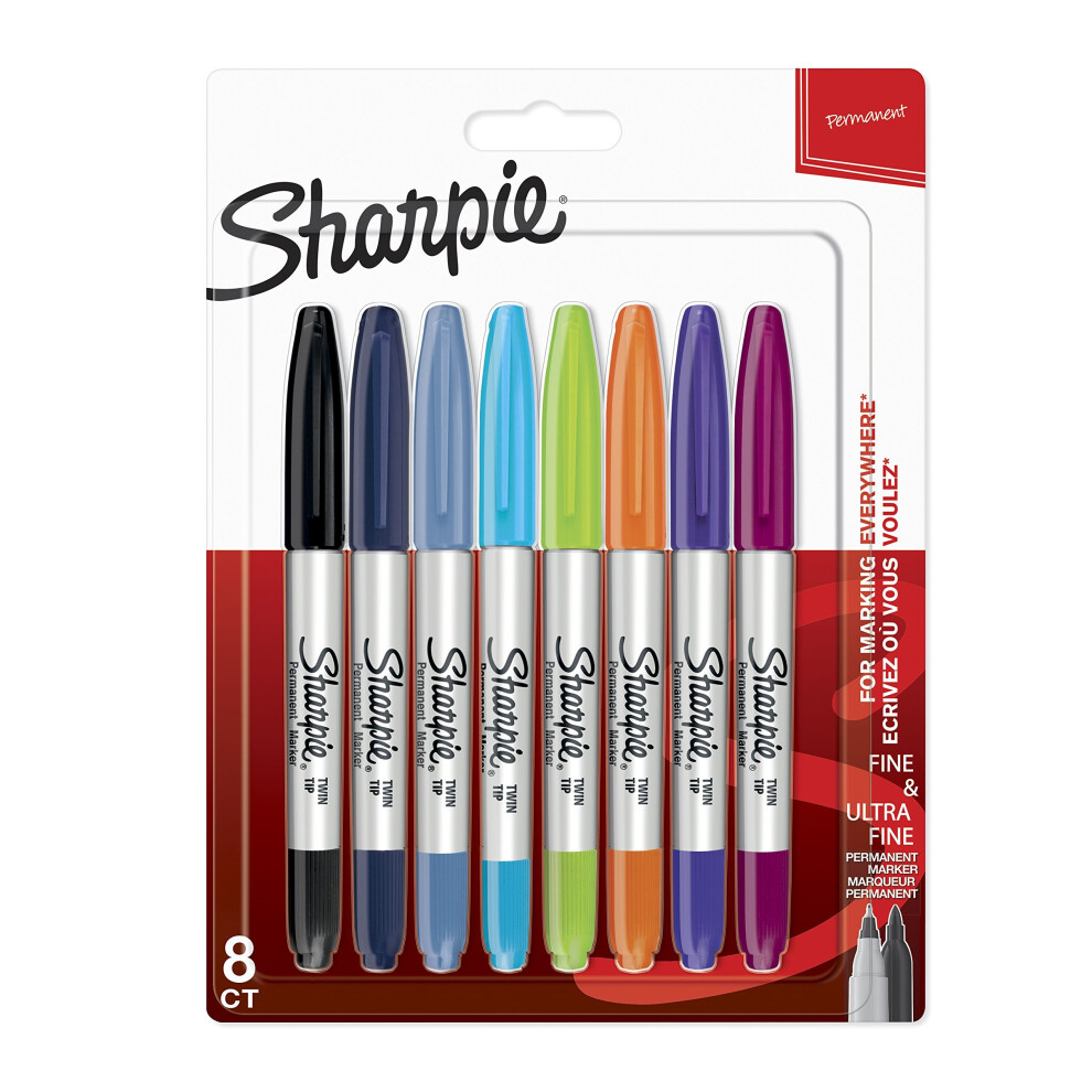 Sharpie 1927094 Twin Tip Permanent Marker Ultra Fine & Fine Tip - Assorted Colours (Pack of 8)