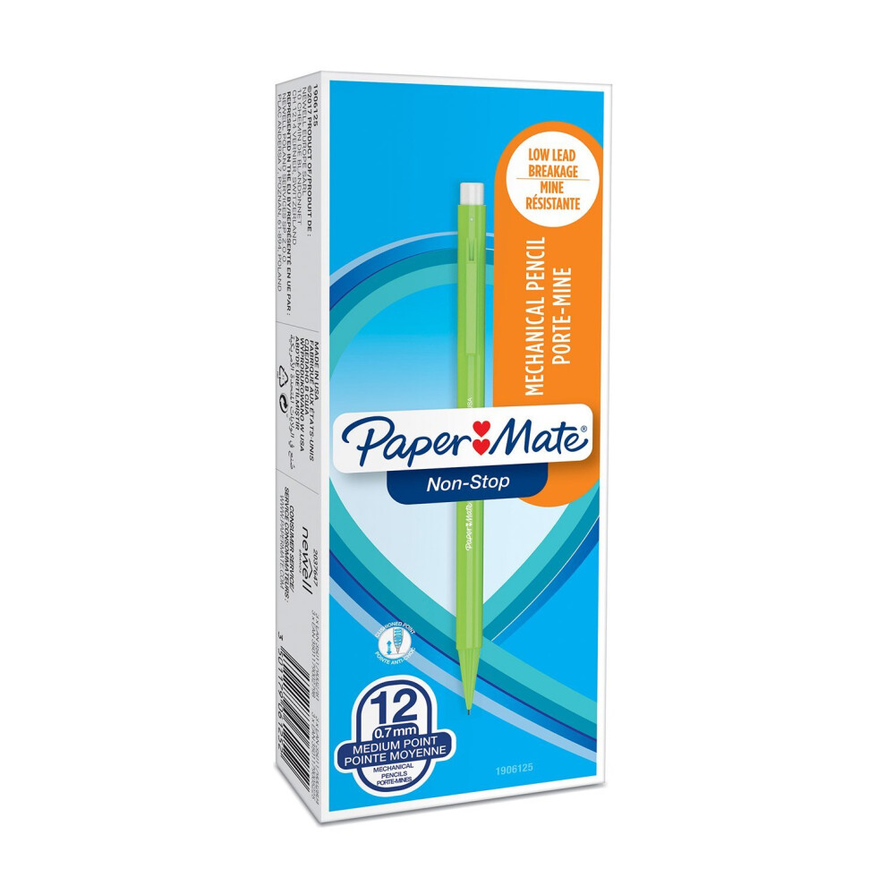 PaperMate 0.7 mm Non-Stop Mechanical Pencil, HB #2, Assorted Neon Barrel Colours, Box of 12