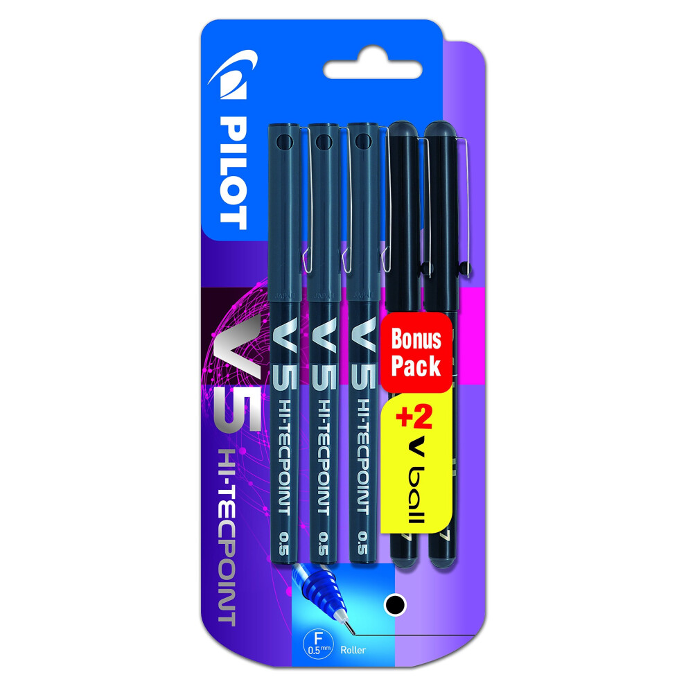 Pilot V5 0.5 mm Liquid Ink Rollerball Pen - Black (Pack of 5)