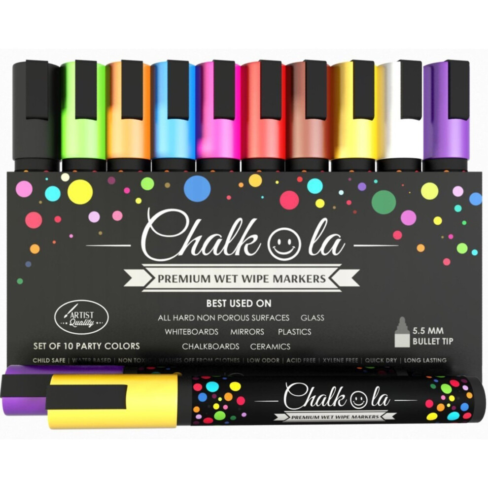 Chalkola Chalk Pens Pack of 10 Neon Markers, 6mm Reversible Bullet & Chisel Tip, Kid-Safe, Non-Toxic, Non-Porous Surfaces chk-3mm-var