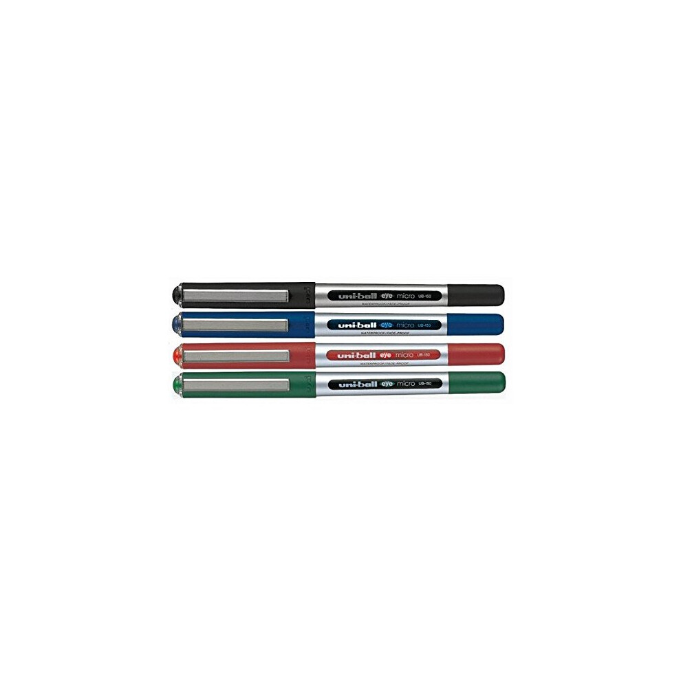 Uni-Ball UB-150 Liquid Ink Rollerball Pen - Fine 0.5mm Tip - Black, Blue, Green, Red - Pack of 4