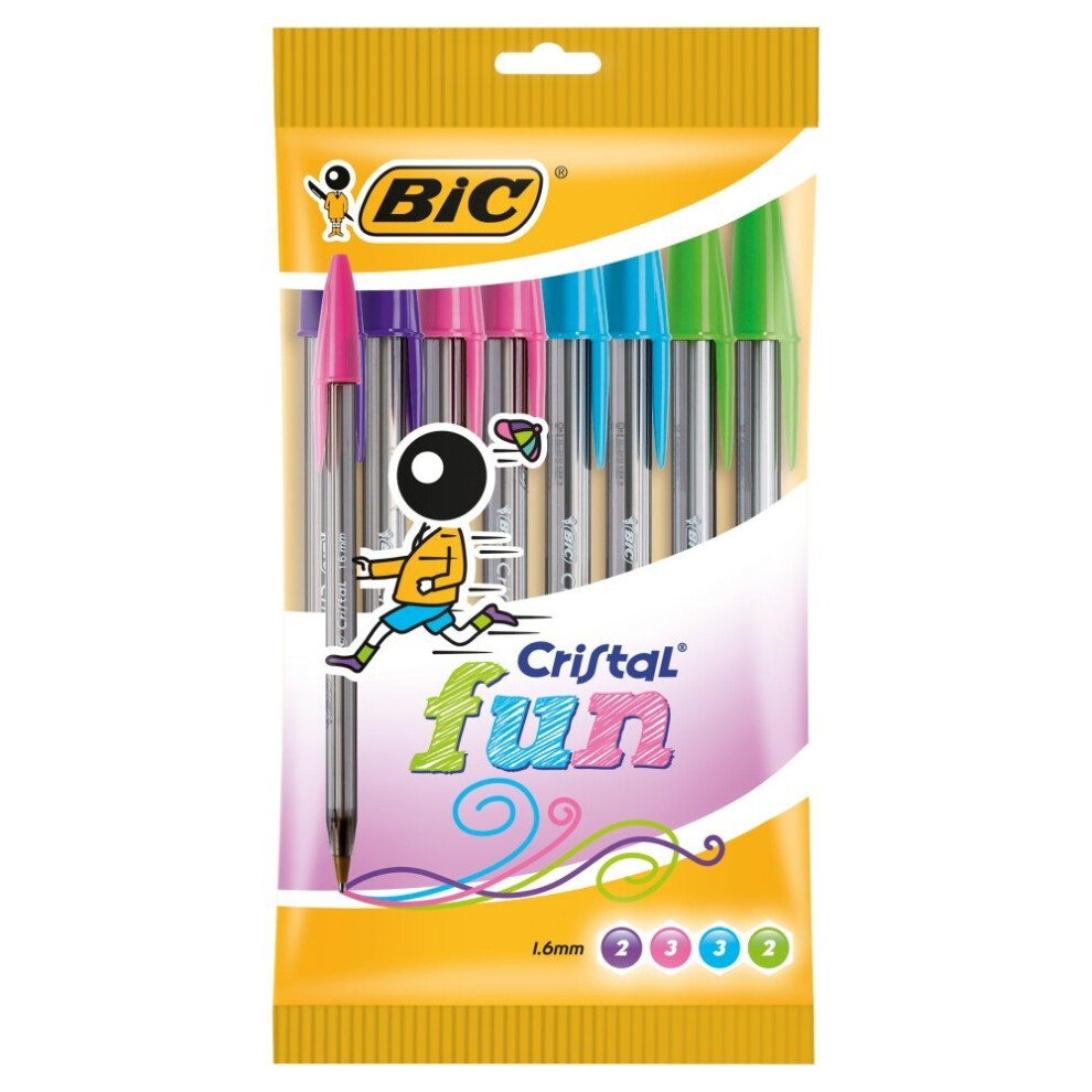 BIC Cristal Fun Ballpoint Pens Wide Point (1.6 mm) â Assorted Colours, Pouch of 10