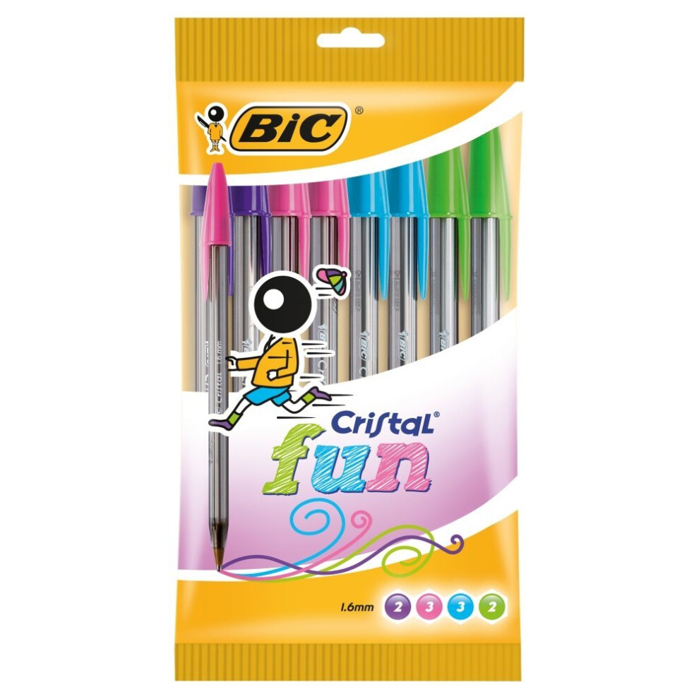 Bic Cristal Fun Ballpoint Pens Wide Point (1.6 Mm) – Assorted Colours, Pouch Of 10