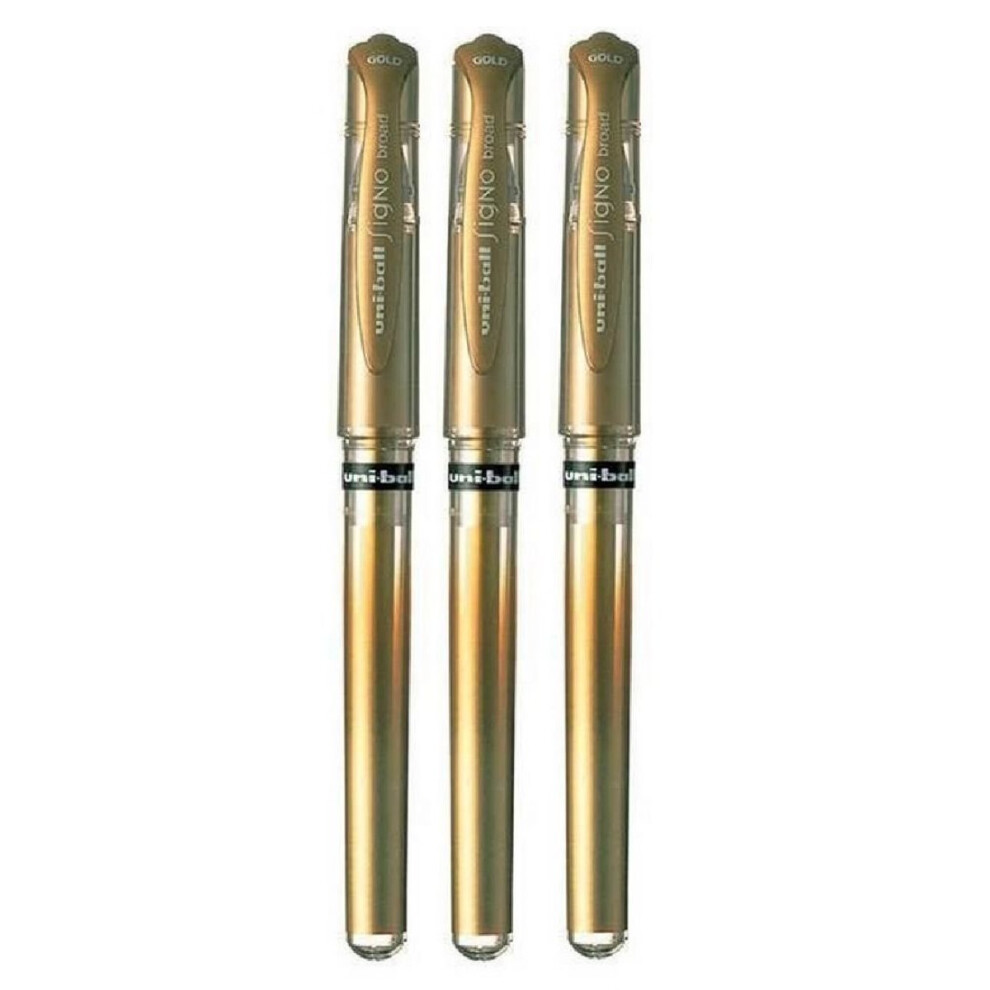 Uni Ball Gold Signo Pen Broad Metallic Gel Ink Rollerball Metal 1mm Tip Nib 0.65mm Line Width With Rubber Grip UM-153 (Pack Of 3)