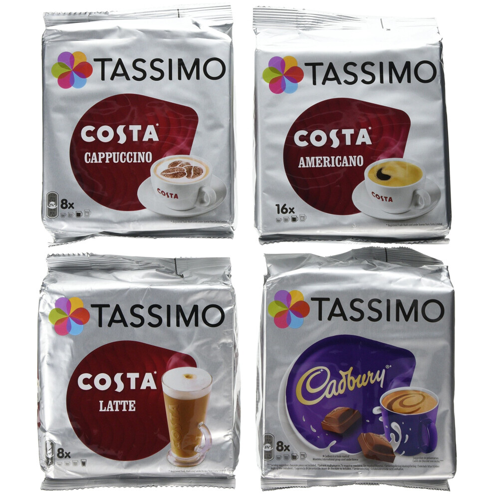 Tassimo Costa Cappuccino/Latte/Americano/Cadbury (4 Packs Set = 40 Drinks)