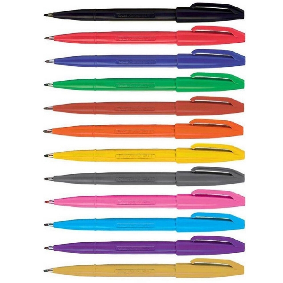 Pentel Assorted Colour Pack Original Sign Pen S520 Fibre Tip Marker Pens Colour Fineliner 2mm Nib 1mm Line Width (1 Of Each Colour - 12 Pens -...