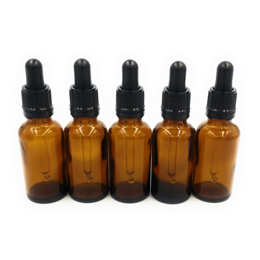 FIVE 20ml Amber Brown Glass Bottles with Dropper Pipettes