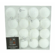 16 x 7cm White Frosted Christmas Glitter Baubles (4 Packs Of 4) (PM187)