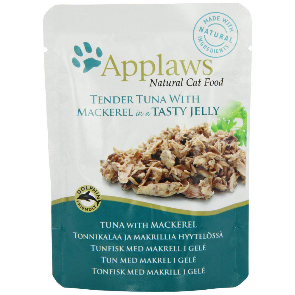 Applaws Cat Food Jelly Pouch Tuna Wholemeat with Mackerel, 70g, Pack of 16