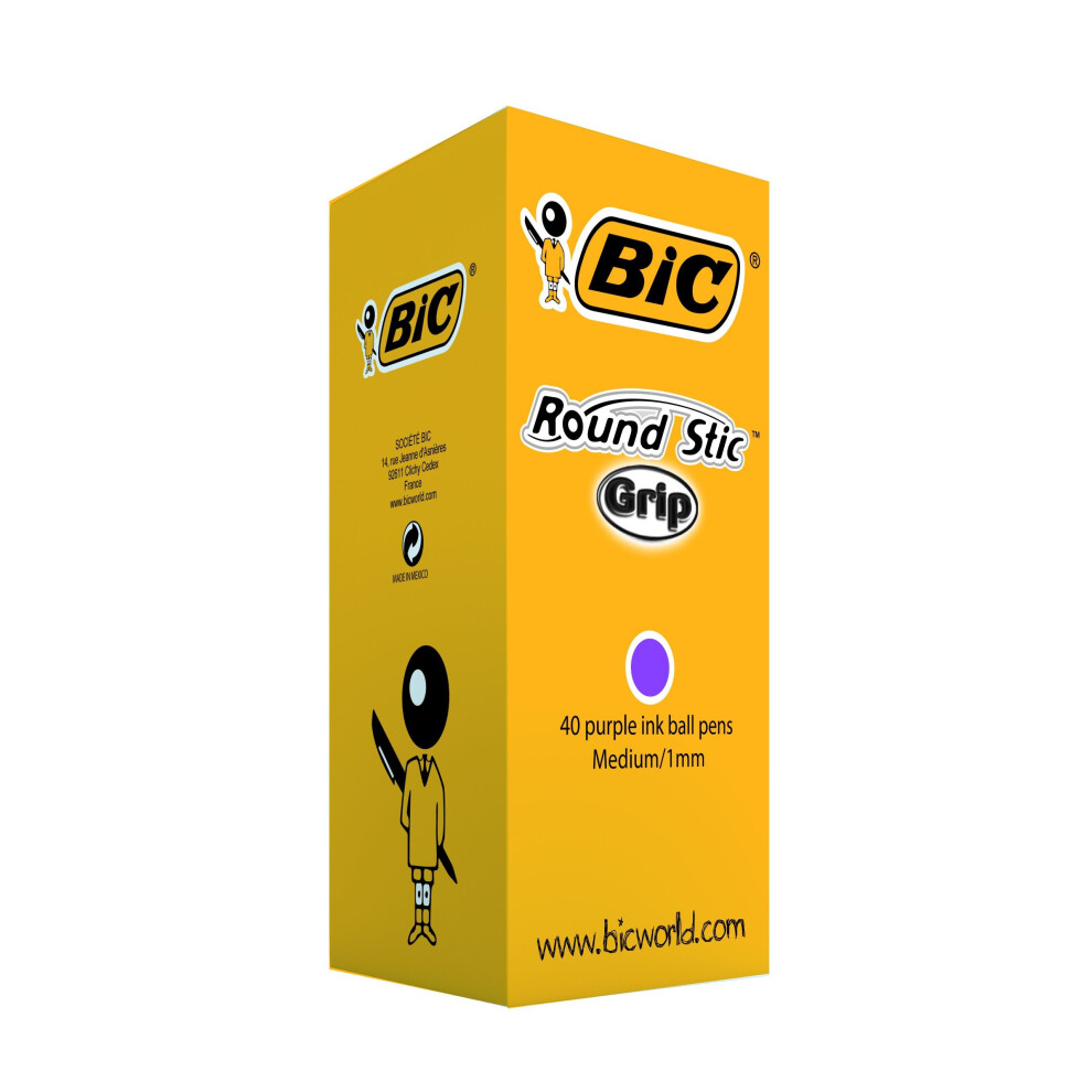 BIC Round Stic Grip Ballpoint Pens Purple 40 Box
